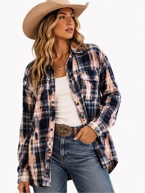 Franklin Flannels Upcycled Bleached Plaid Button Front Shirt Small Blue Pink